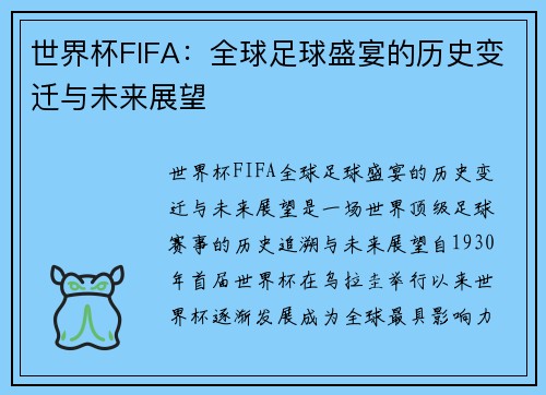 世界杯FIFA：全球足球盛宴的历史变迁与未来展望